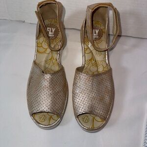 Fly London Yake Gold Peep-Toe Ankle-Strap Sandals